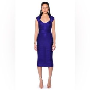 MILES OF STYLE CAP SLEEVE BANDAGE MIDI DRESS IN PURPLE. SIZE SMALL